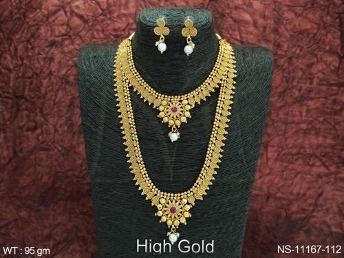 Antique Jewelry High Gold Polish Fancy Wedding Wear South Style Beautiful Antique Combo Necklace Set 